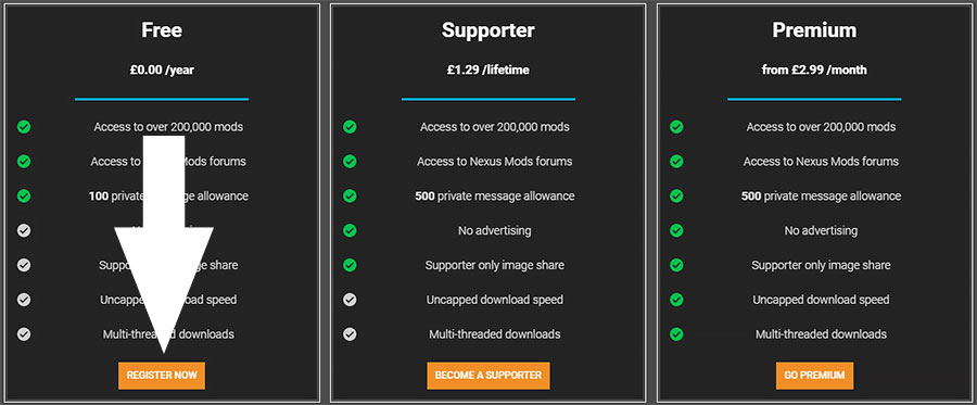 Screenshot of the different Nexus Mods membership options