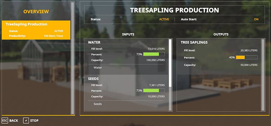 Screenshot of the GlobalCompany menu for the tree nursery