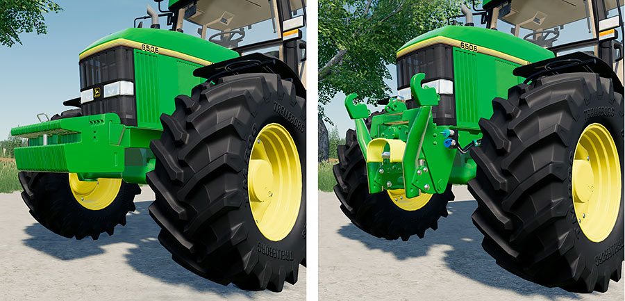 A demonstration of the various front options available for the John Deere 6000 Premium. The the left, 3-point hitch and PTO, to the right, weights.