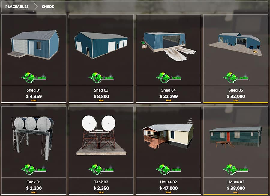 Some of the custom-made, placeable objects available with the Welker Farms map