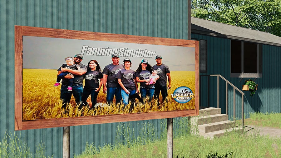 A sign outside the farm house showing the Welker family in front of the Farming Simulator logo